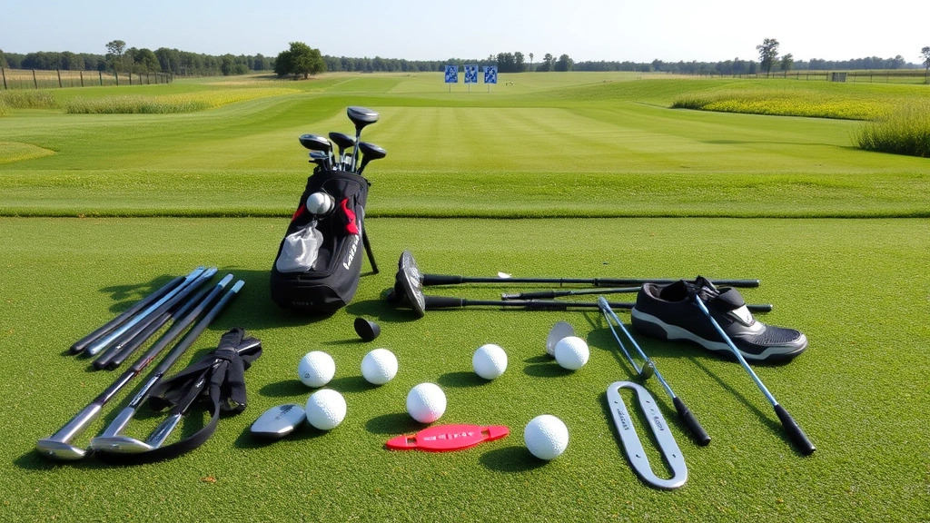 Golf equipment laid out on practice range including clubs, golf balls, and alignment aids, with practice targets visible in distance on fairway