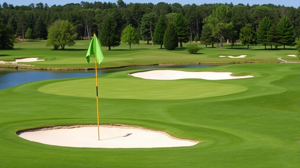 Beautiful golf course landscape featuring pristine greens, strategic bunkers, and natural water features with trees in background under clear weather conditions