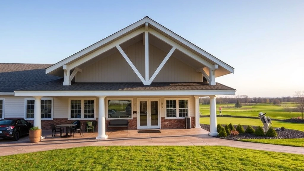 Golf course clubhouse exterior with comfortable seating area, professional pro shop, and welcoming entrance overlooking the course with golfers in the distance
