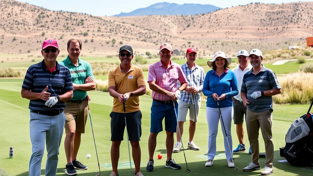 Group of diverse golfers celebrating successful shots on driving range, smiling expressions, various ages and skill levels, Colorado Springs terrain in background, positive instructional atmosphere, natural daylight