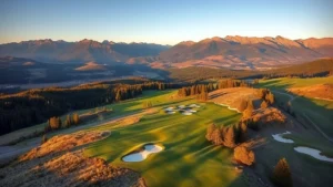 Overhead view of a beautiful championship golf course with fairways and greens set against Rocky Mountain foothills in Colorado, morning sunlight creating long shadows, photorealistic landscape photography