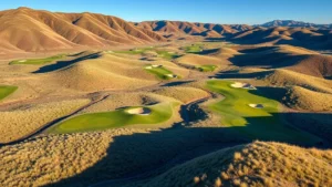 Aerial view of a scenic 18-hole golf course nestled in Colorado mountain terrain with elevation changes, native grasses, fairways winding through natural landscape, blue sky, dramatic shadows across greens
