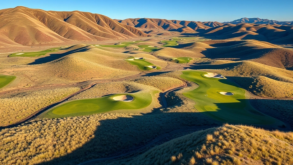 Aerial view of a scenic 18-hole golf course nestled in Colorado mountain terrain with elevation changes, native grasses, fairways winding through natural landscape, blue sky, dramatic shadows across greens