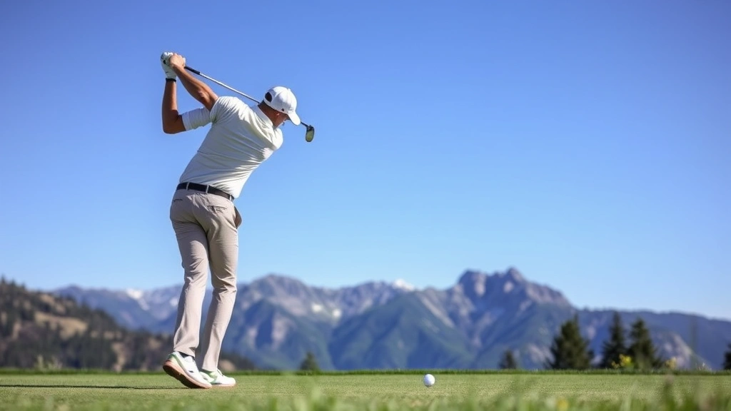 Golfer mid-swing on a par-4 hole with elevation changes visible, mountain backdrop, clear blue sky, action photography capturing proper form and technique at high altitude