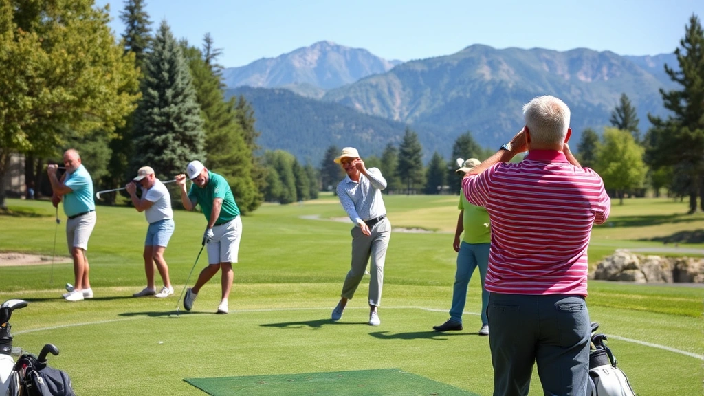 Diverse group of golfers of different ages and ethnicities enjoying a round at a public municipal golf course on a sunny afternoon, practicing swings on practice range with mountains in background