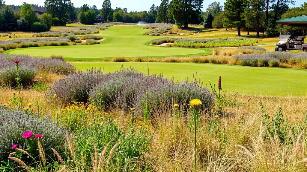 Sustainable golf course management showing native wildflowers and grasses in rough areas, modern irrigation system components, water-efficient landscaping, environmental conservation practices visible throughout course