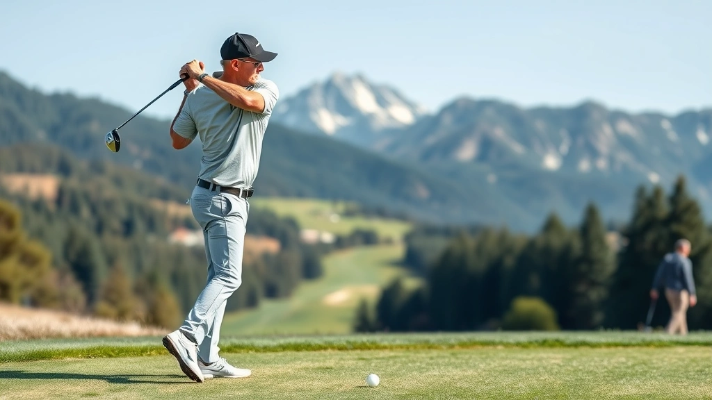 Professional golfer demonstrating proper golf swing mechanics on driving range with mountains in background, showing full follow-through position with excellent posture and form, natural daylight, realistic athletic movement