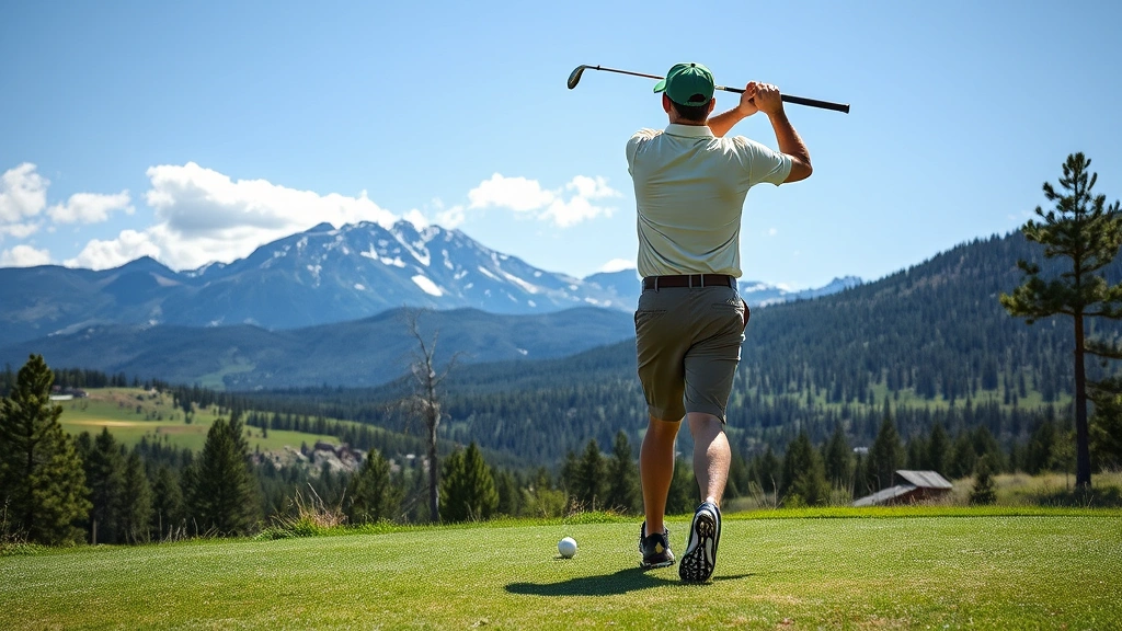 Professional golfer mid-swing on scenic Colorado golf course with mountain backdrop and elevated terrain, natural lighting showing altitude landscape