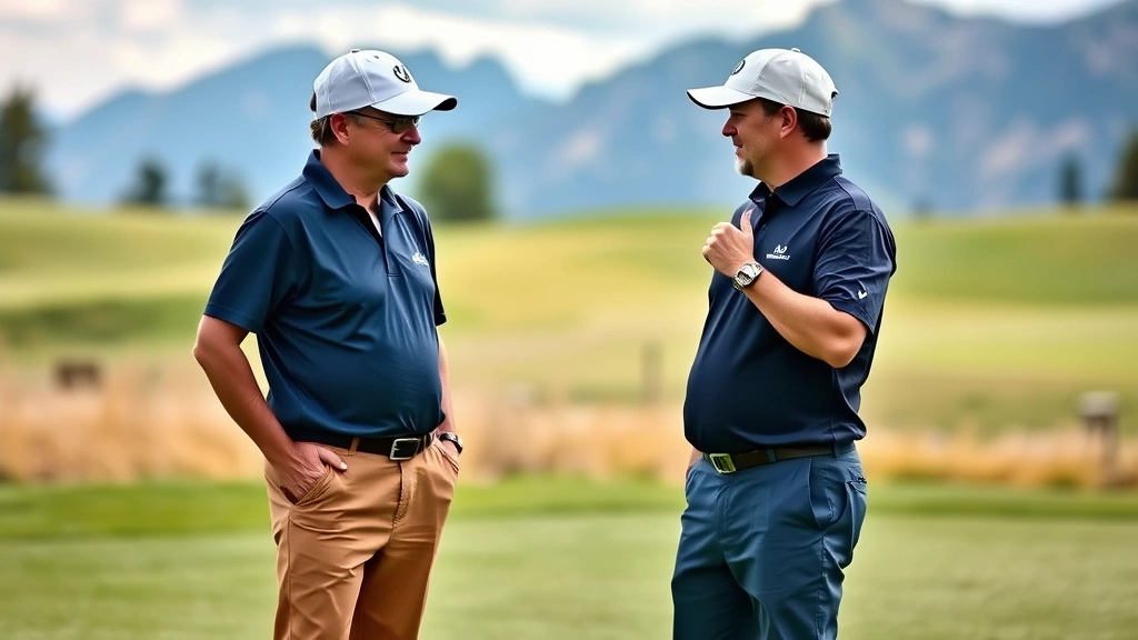 Golf instructor observing student's swing technique on practice range, both wearing golf attire, instructor providing feedback with hand gestures, scenic mountain landscape backdrop, professional instruction setting