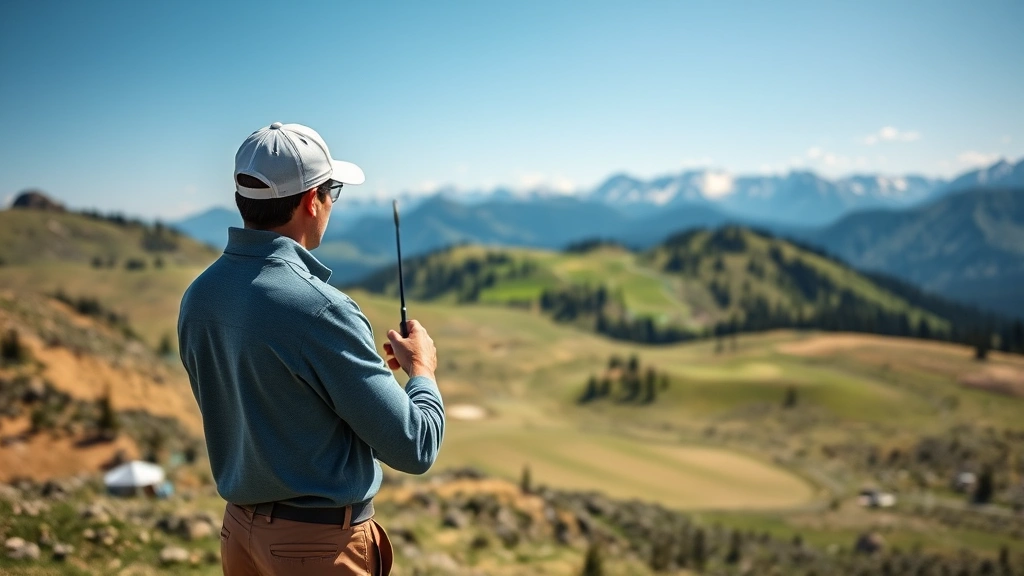 Golfer examining course layout and yardage markers at high-altitude golf course, studying fairway strategy with visible elevation changes and hazards