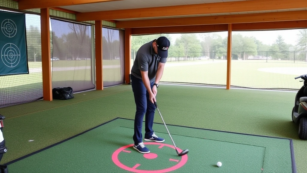 Golfer practicing short game and chipping at practice facility with precision targets, demonstrating focused technique and course-specific skill development