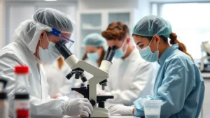 Students in a modern healthcare laboratory wearing protective equipment, examining blood samples under microscopes with professional focus and concentration, bright clinical lighting
