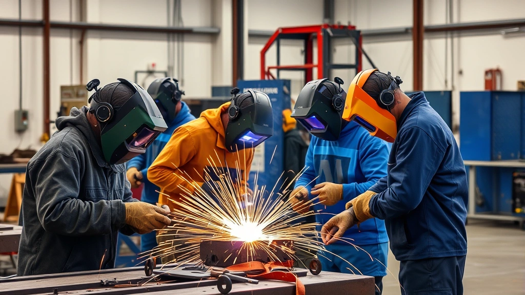 Diverse group of welding students in protective gear working at welding stations with sparks flying, creating metal joints in a well-equipped industrial training facility