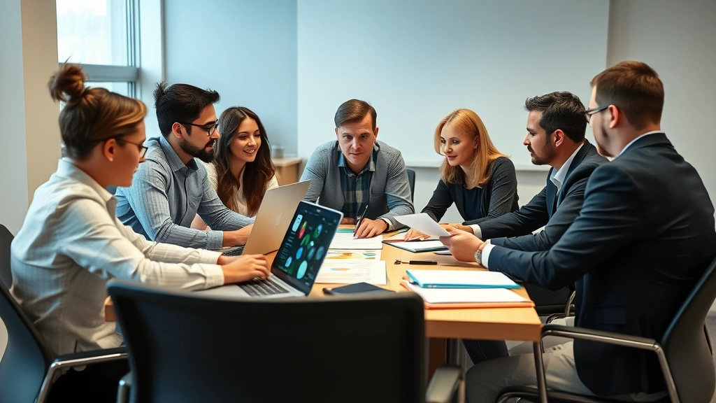 Professional adult learners in a business classroom setting collaborating on a project, reviewing documents and discussing strategy around a table with laptops and notebooks