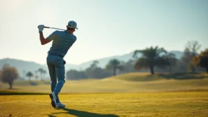 A golfer in mid-swing on a scenic fairway, demonstrating perfect form and concentration with morning sunlight and green grass visible, photorealistic professional golf photography