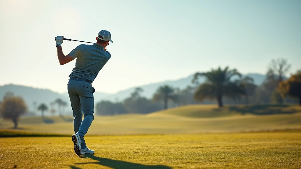 A golfer in mid-swing on a scenic fairway, demonstrating perfect form and concentration with morning sunlight and green grass visible, photorealistic professional golf photography