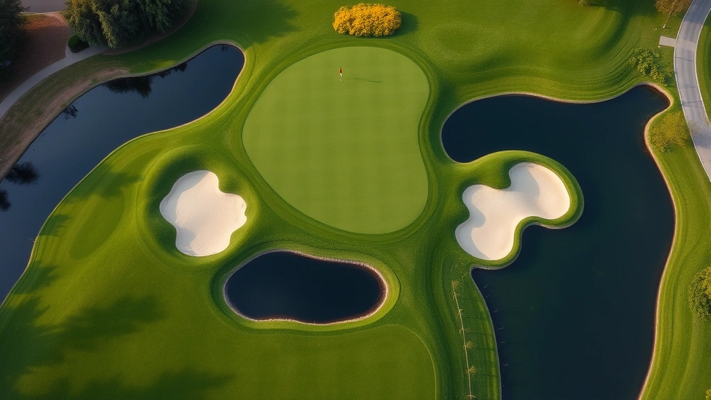 Overhead view of a golf course hole with manicured greens, water hazards, and sand bunkers, showing the strategic landscape design and peaceful outdoor environment
