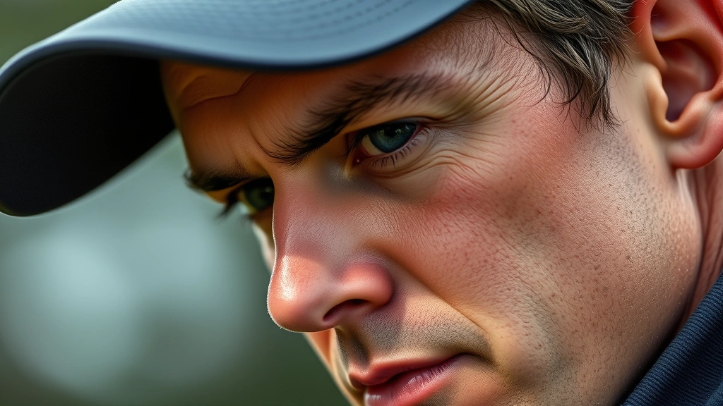 Close-up of a golfer's face showing intense focus and concentration during pre-shot routine, with blurred background, expressing mental discipline and mindfulness