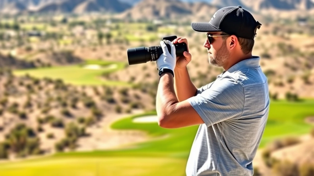 Professional golfer analyzing golf course layout from elevated position, studying fairway and hazard placement, holding rangefinder, focused expression, natural sunlight, desert landscape background