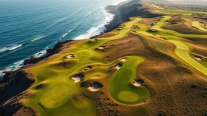 Aerial view of a spectacular coastal golf course with ocean backdrop, fairways winding through natural terrain, lush green grass meeting cliff edges, bright California sunlight illuminating the landscape, professional golf course maintenance visible, no people or text visible