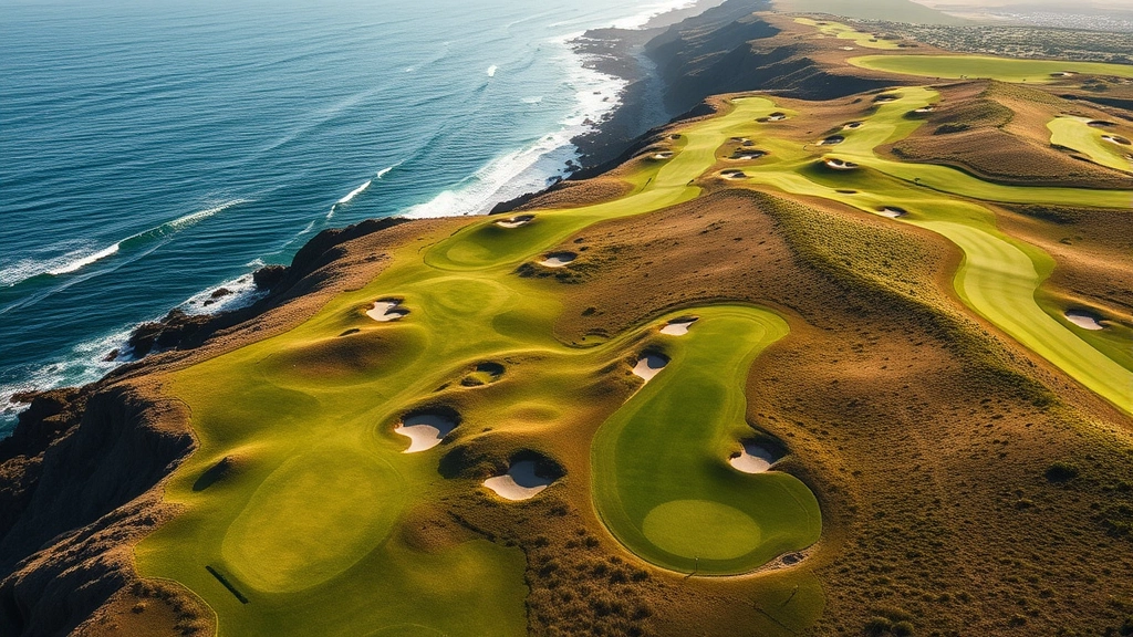 Aerial view of a spectacular coastal golf course with ocean backdrop, fairways winding through natural terrain, lush green grass meeting cliff edges, bright California sunlight illuminating the landscape, professional golf course maintenance visible, no people or text visible
