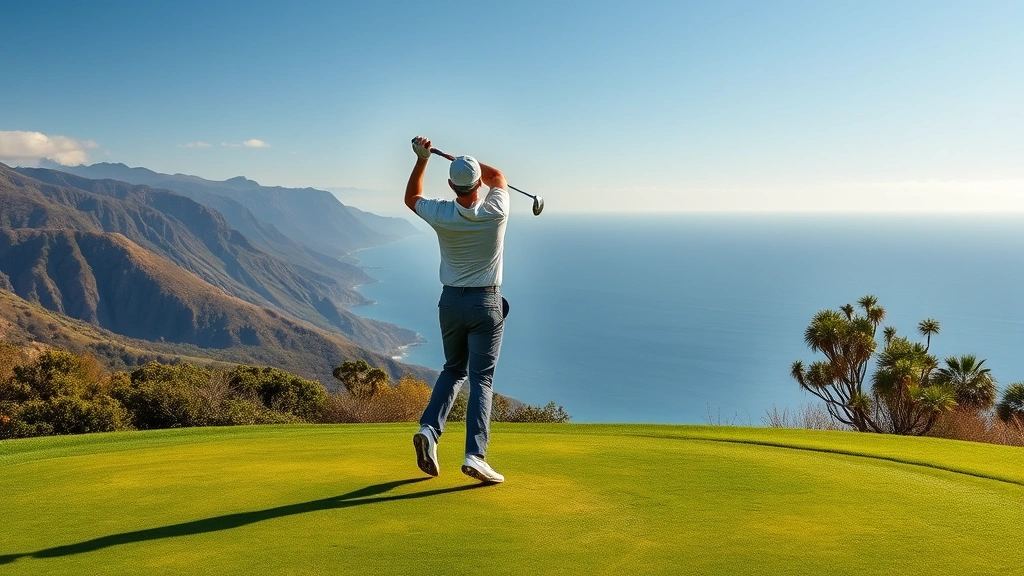 Golfer mid-swing on elevated tee box overlooking coastal scenery, blue ocean horizon in distance, dramatic elevation change visible, natural native vegetation framing the fairway, dramatic shadows from morning light, peaceful and serene setting, no visible signage or text