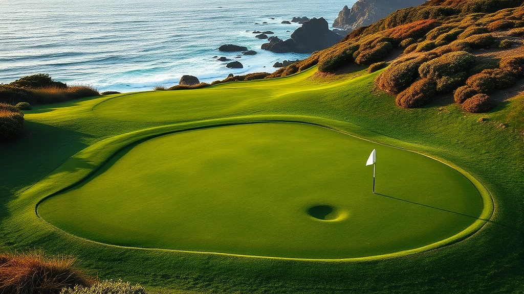 Pristine golf green with undulating contours near ocean vista, perfectly manicured putting surface, natural landscape surrounding hole, coastal vegetation and rocks visible, dramatic lighting highlighting green slope features, championship-quality maintenance evident, no scorecard or markings visible