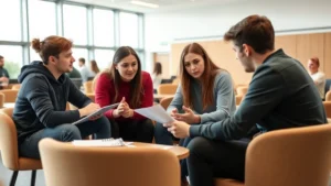Students collaborating on group project in modern university classroom with natural light and comfortable seating, engaged in discussion
