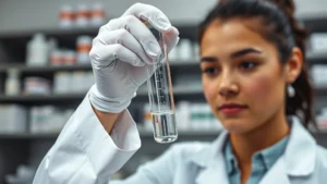 Close-up of pharmacy technician student wearing white coat and gloves, carefully measuring pharmaceutical liquid into graduated cylinder with precise focus, professional clinical laboratory setting with shelves of medications in background
