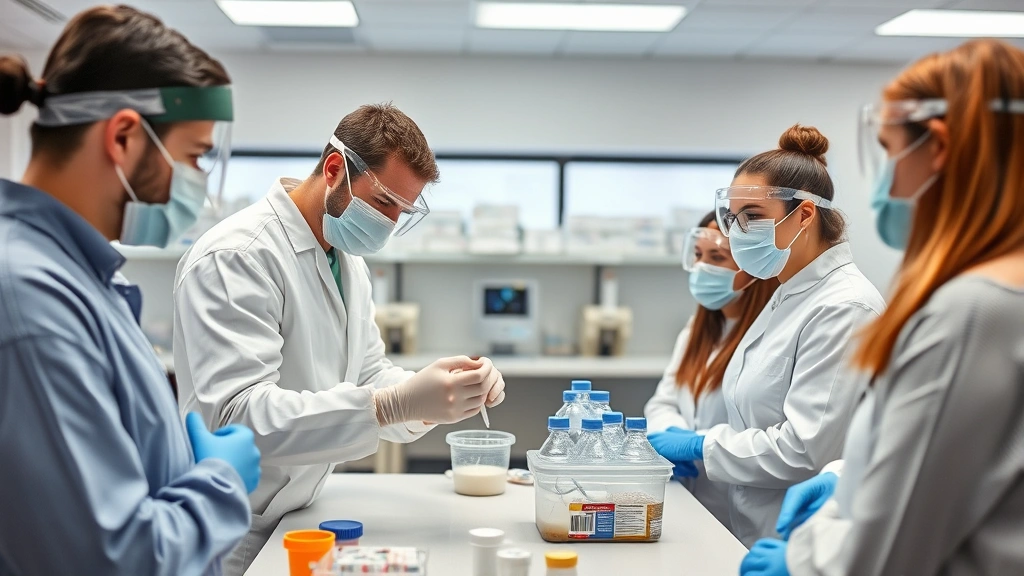 Pharmacy technician instructor demonstrating sterile compounding technique to attentive students wearing protective equipment in a bright clinical training facility