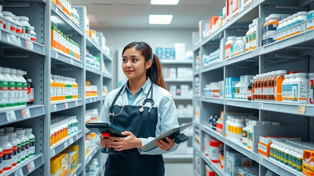 Pharmacy technician in modern retail pharmacy environment checking medication inventory on shelves, wearing professional attire, scanning bottles with handheld device, organized pharmaceutical storage visible