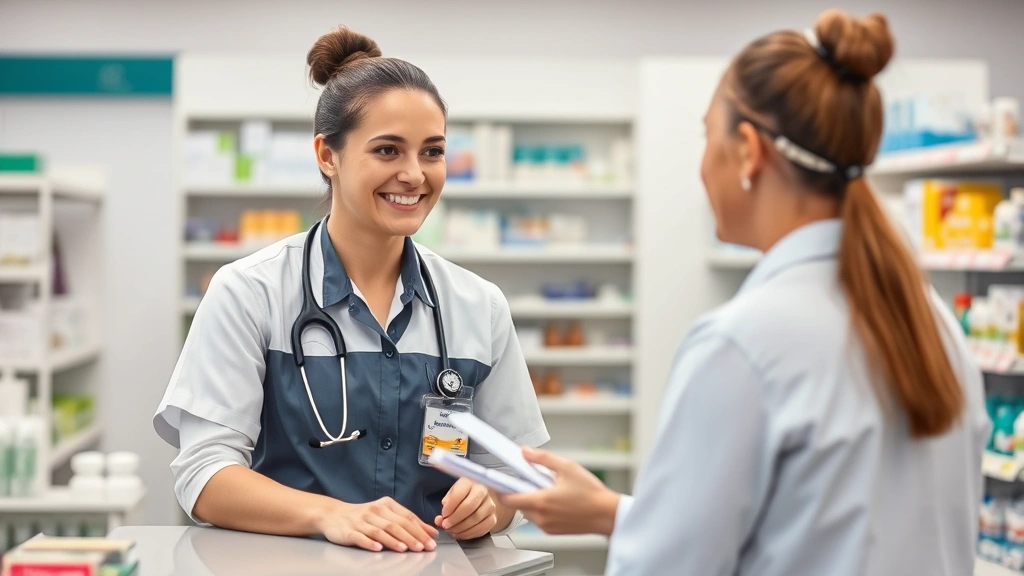 Smiling pharmacy technician in professional uniform assisting customer at pharmacy counter with medication consultation and patient care