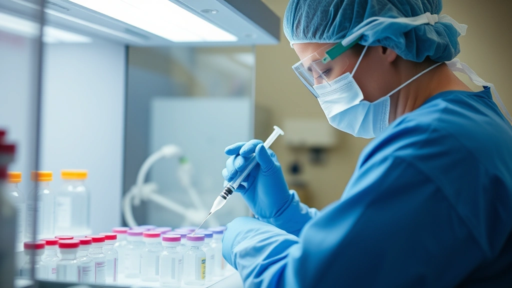 Pharmacy technician in hospital setting preparing sterile compound under safety hood with proper protective equipment, concentrating on precise medication preparation with syringes and vials, clinical environment