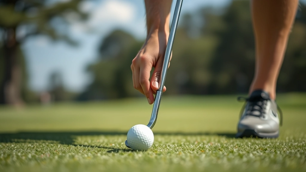 Close-up of golfer chipping near green with focused concentration, showing proper hand position and body alignment during short game execution in natural daylight