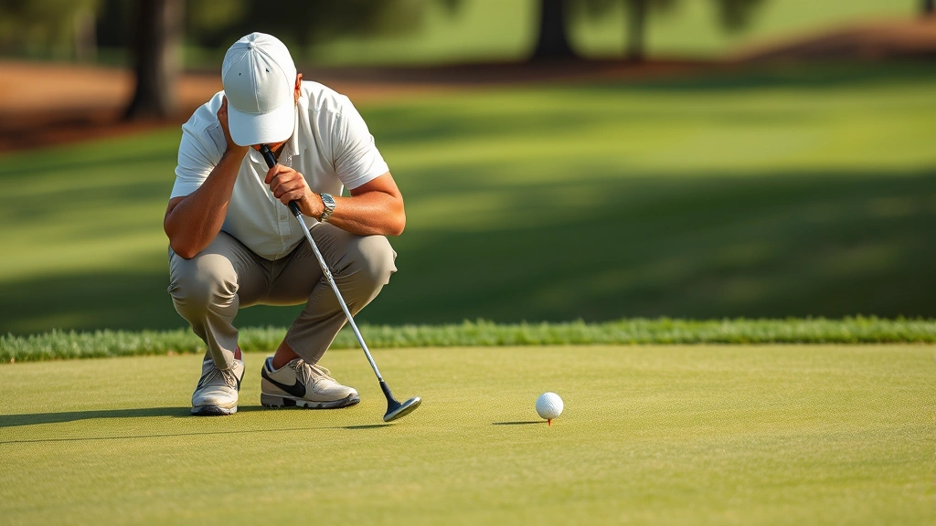 Golfer reading green carefully before putting, crouching to analyze slope and grain, studying putt line with deliberate pre-shot routine on manicured putting surface