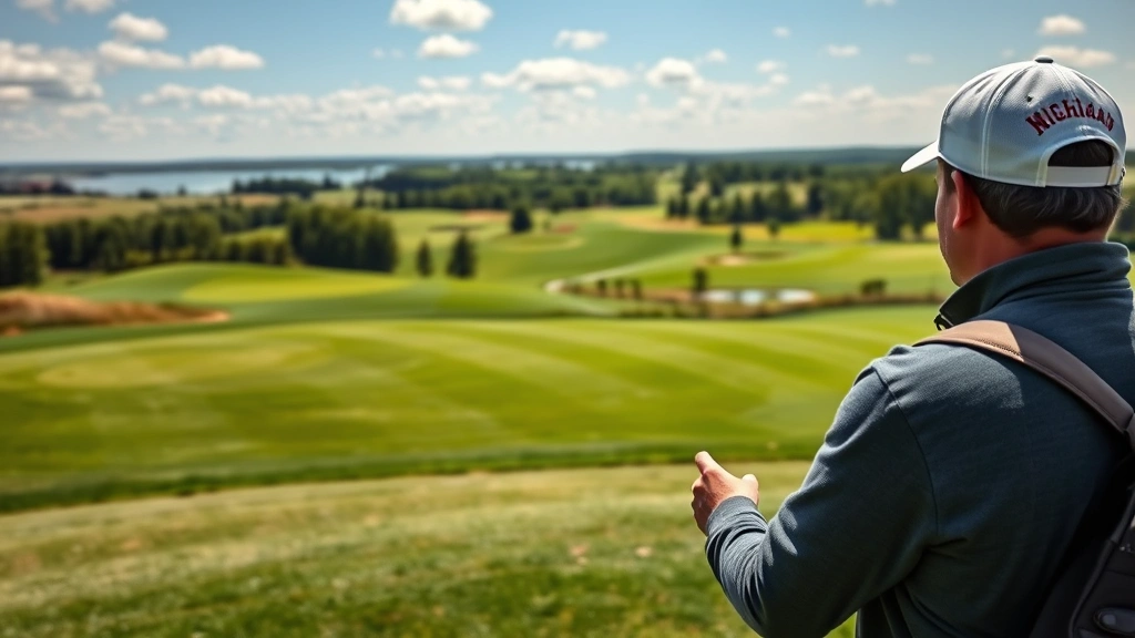 Golfer analyzing fairway terrain from tee box with Michigan landscape in background, studying course layout and elevation changes