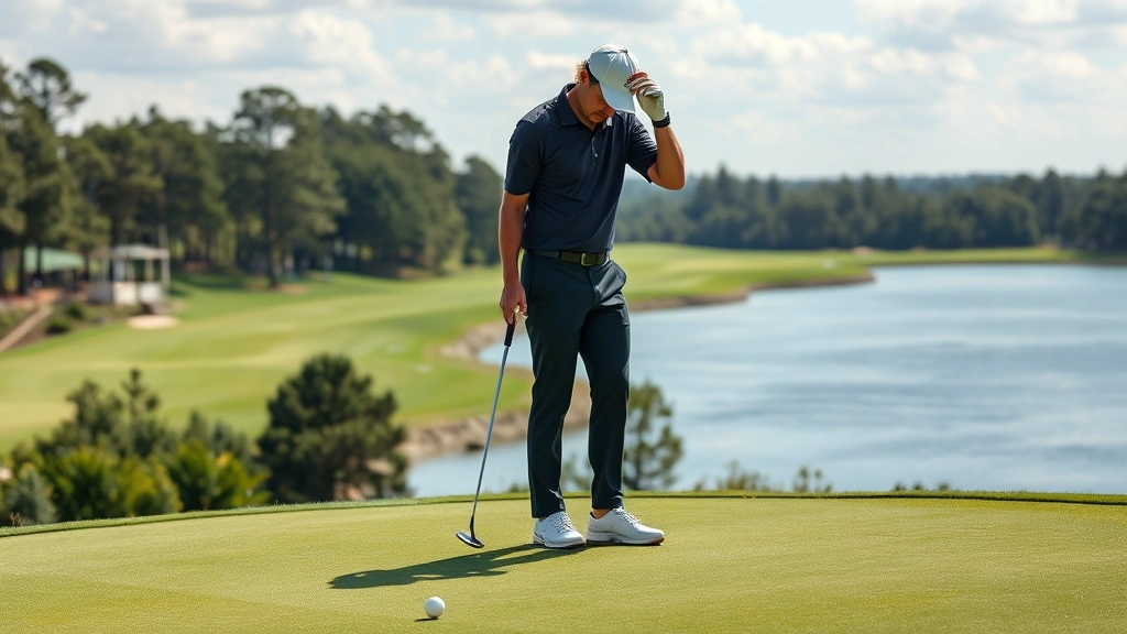Golfer reading putting surface on elevated green, studying slope contours and break patterns during competitive round