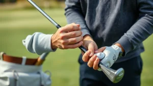 Professional golf coach demonstrating proper grip technique with golfer's hands on club, outdoor golf course setting, natural daylight, close-up of hands and club positioning