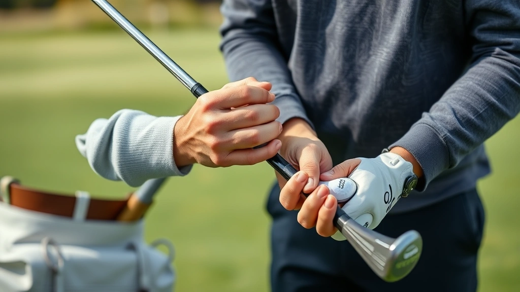 Professional golf coach demonstrating proper grip technique with golfer's hands on club, outdoor golf course setting, natural daylight, close-up of hands and club positioning