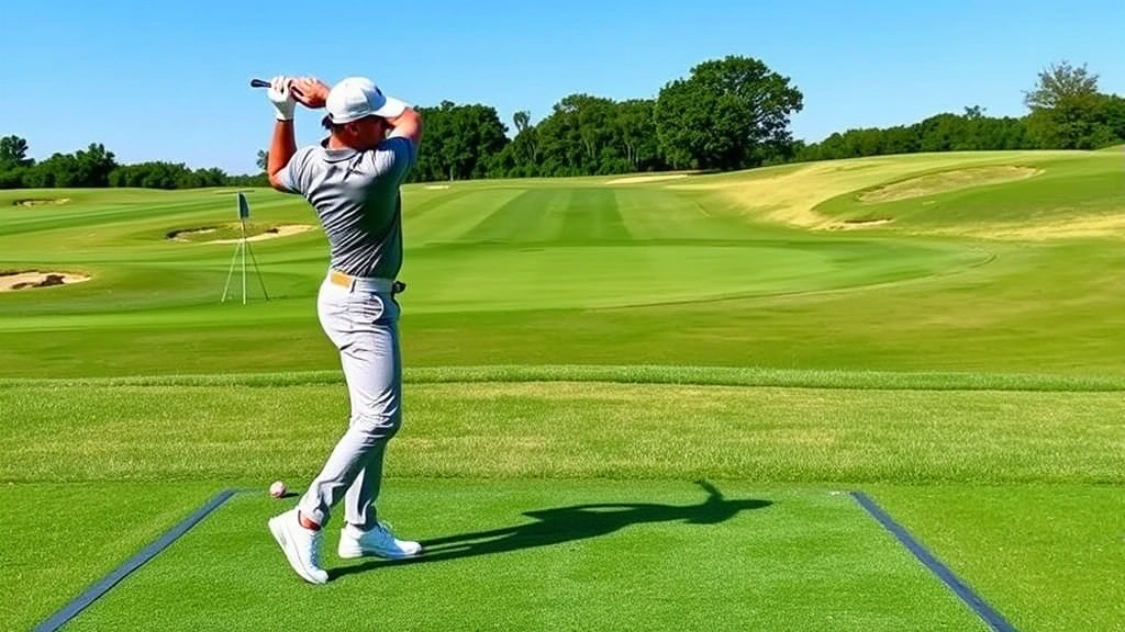 Golfer mid-swing on practice range at golf course, showing body rotation and follow-through position, lush green fairway in background, clear blue sky