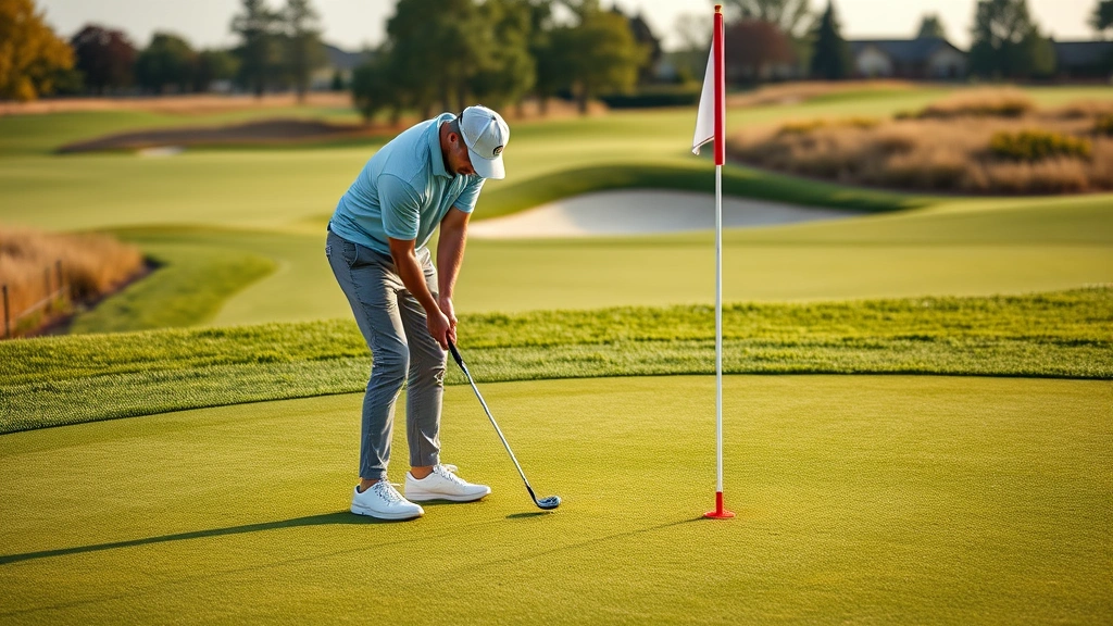 Golfer practicing short game on chipping green near golf course, focused on chip shot technique, manicured practice green with flag stick, natural outdoor lighting