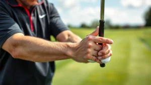 Professional golfer demonstrating proper grip and stance position on practice range, hands close-up showing finger placement on club, natural outdoor lighting, focused concentrated expression