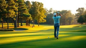 Professional golfer mid-swing on manicured fairway with trees in background, morning sunlight, vibrant green grass, serene golf course landscape, no people visible except golfer