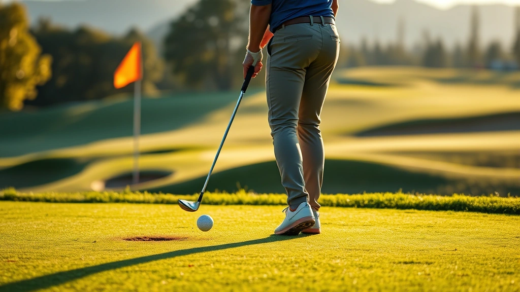 Golfer hitting chip shot from just off green with short grass, ball in flight toward flagged hole, morning sunlight casting shadows, peaceful course landscape in background