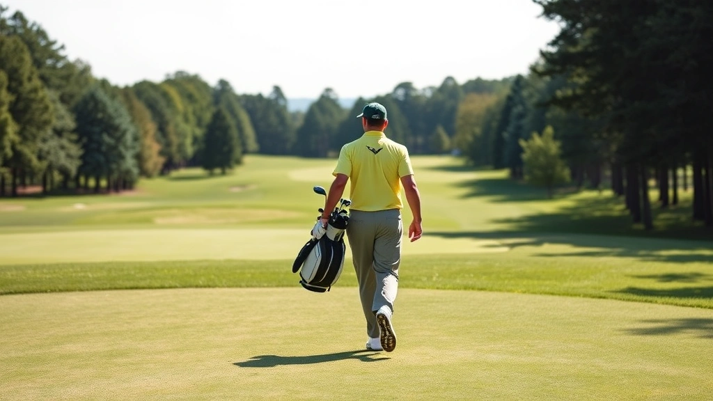 Beginner golfer walking fairway carrying golf bag with full set of clubs, scenic course hole with trees and green ahead, confident posture, natural daylight, peaceful golf course environment
