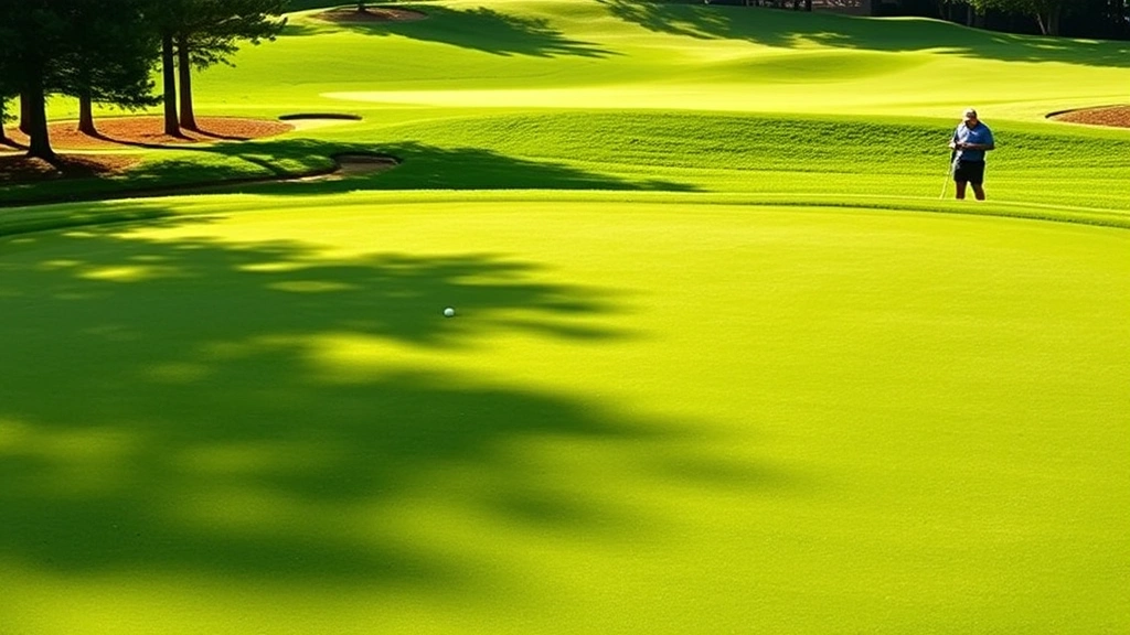 Well-maintained putting green with subtle contours, golfer reading break, morning sunlight, peaceful course setting, professional green care visible