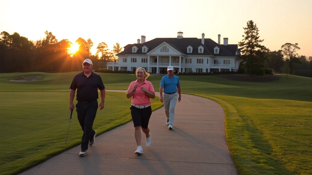 Golfers walking toward clubhouse after round, clubhouse building in background, sunset lighting, satisfied expressions, professional golf course setting, landscaped grounds