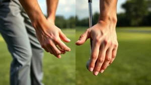 Professional golfer demonstrating proper grip and stance position on practice range, hands close-up showing finger placement and club positioning, realistic lighting on manicured golf course grass