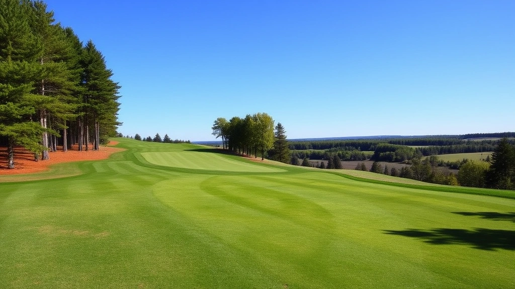 Wide landscape shot of a well-maintained golf fairway with rolling green terrain, mature trees framing the sides, natural Minnesota landscape, clear blue sky, professional course conditioning visible on grass