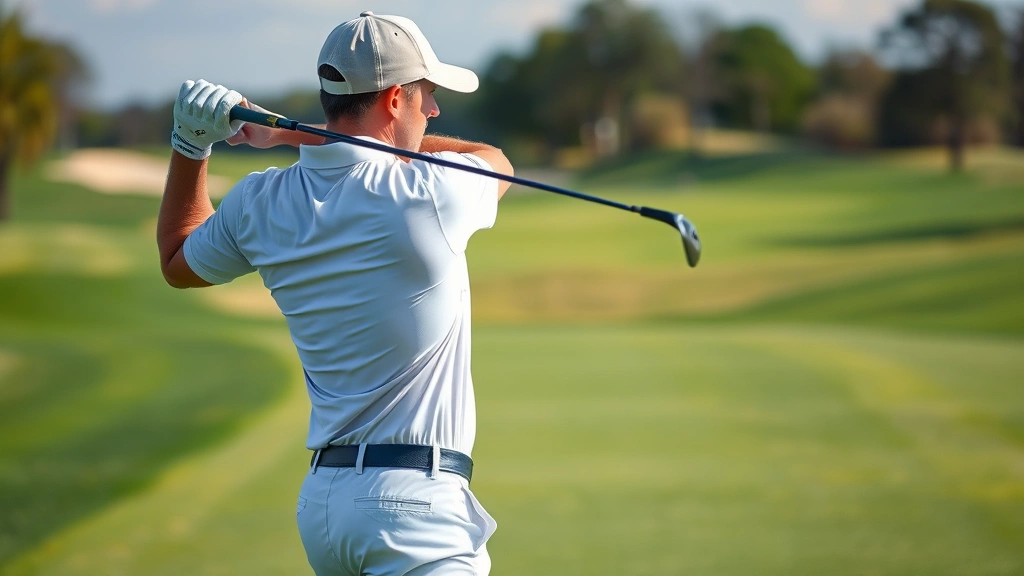 Athletic golfer mid-backswing showing shoulder rotation and coil position, body mechanics visible, golf course fairway in background, natural daylight photography